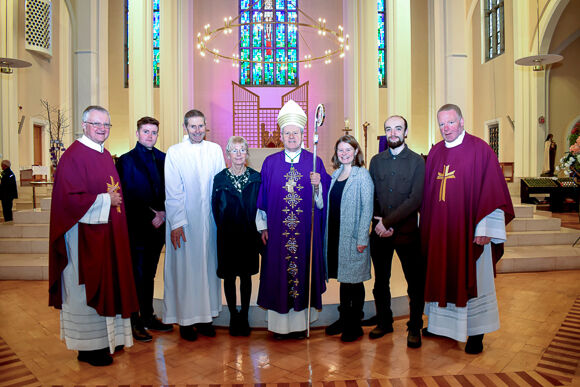 At the Cathedral of St. Mary and St. Anne, Cork, where Paul Ryan was instituted as an Acolyte. (left to right) Fr. Robert Young Co-PP Kinsale Family of Parishes, Tomás Ryan, Paul and his wife Brid, Bishop Fintan Gavin, Anne Ryan, Caleb Cotter and Fr Seam Crowley CC Cathedral Family of Parishes.
