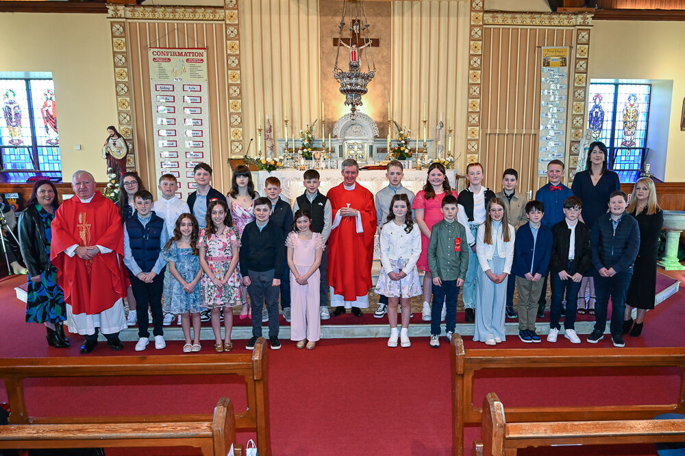 At St. Michael's Church, Rathbarry, for the Confirmation of pupils of Ardfield NS and Rathbarry NS. Included is Mons Gearóid Dullea, Chancellor of the Diocese of Cork and Ross, who administered the sacrament, Viola O'Donovan SNA, Fr. Tom Hayes, Co-PP, and teachers Clare Buckley, Ardfiled NS and Aoife Hourihane, Rathbarry NS.