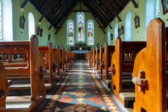 Carraigfada Church - the three-light stained glass window in the sanctuary